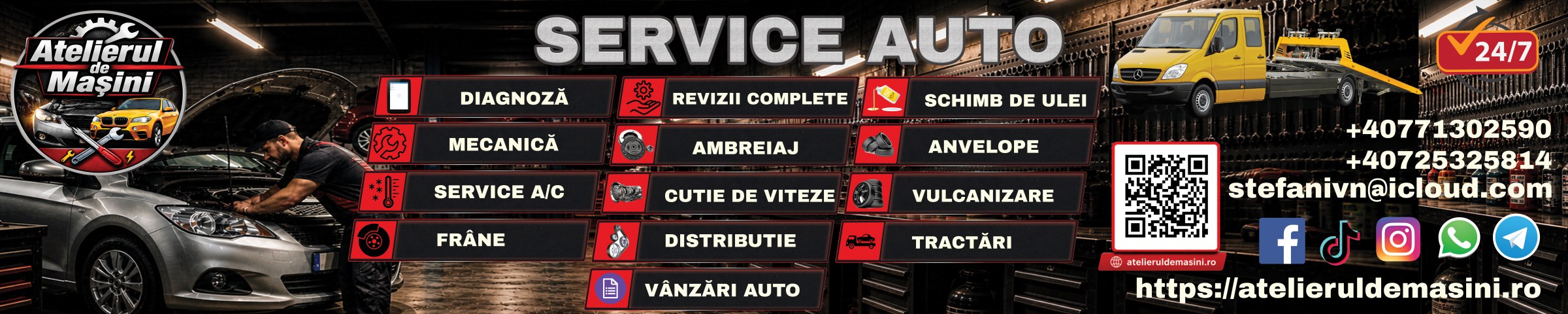 Banner exterior Atelierul de Mașini cu serviciile auto, datele de contact și cod QR